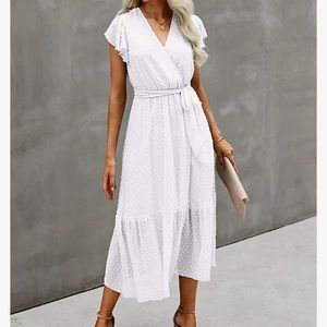 BTFBM Summer Bohemian Floral Wrap V Neck Ruffle Cap Belt A-Line Midi Sun Dress